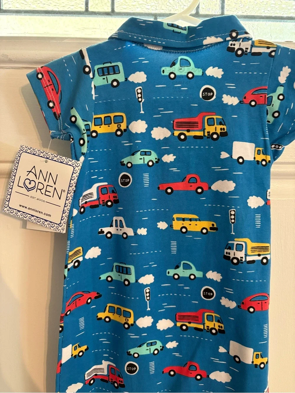 Ann Loren Blue Short-Sleeve Button Romper with Multicolor Car Print